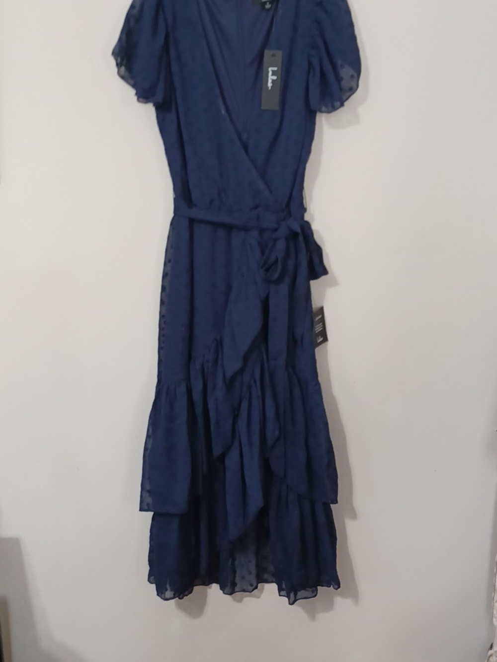 Lulu's Navy Blue Have Harmony Swiss Dot Ruffles Wrap Midi Dress . NWT. Size S - Picture 6 of 13